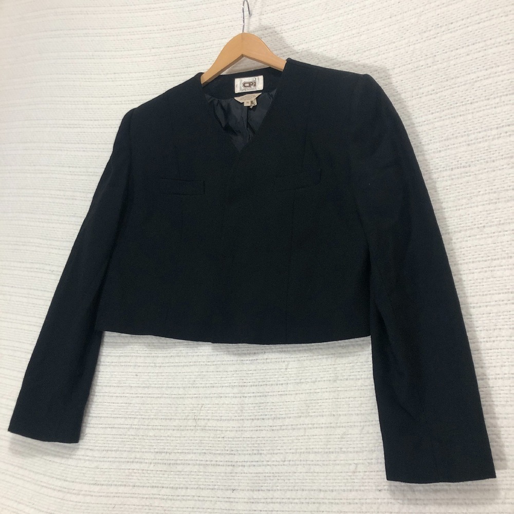 Central Park International Blazer Cropped Collarless Black Jacket‎ 14